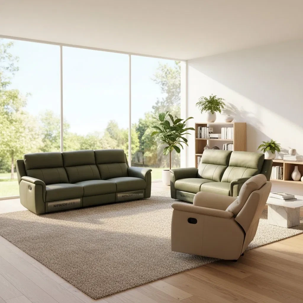 Luxe woonkamermeubels: 3-zitsbank, 2-zitsbank, 1-zitsbank met relaxfunctie, groene, echt lederen, moderne, elektrische relaxbankset. 1