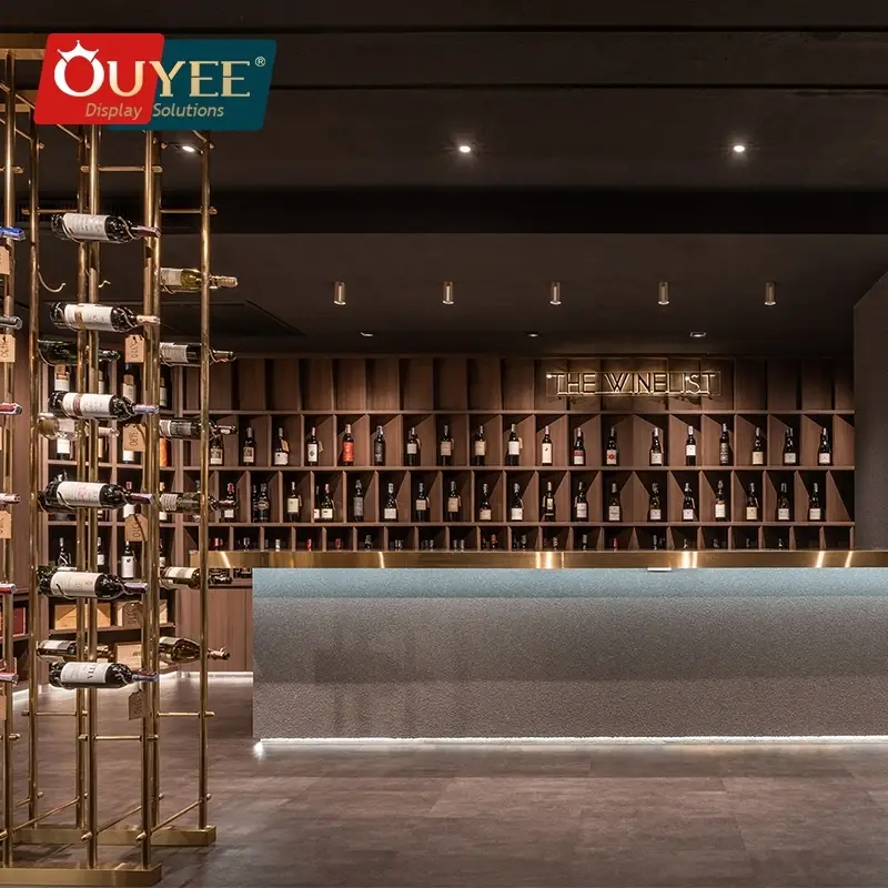خزانة عرض خشبية مخصصة للنبيذ والويسكي، قائمة على الأرض، مع رف حديدي 1
