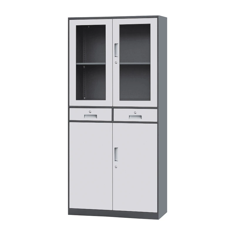 Kantoorarchiefkast, metalen archiefkast met planken, metalen opbergkast, stalen kast met deur en glas. 1