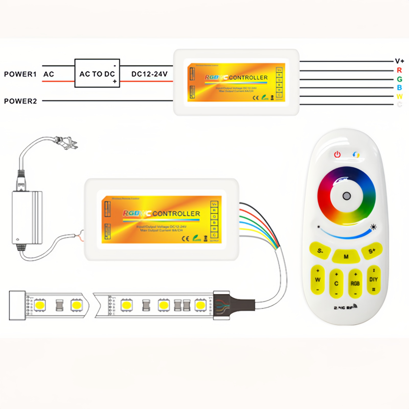 REMOT REMOT REMOT REMOT REMOT REMOT REMOT REMOT REMOT REMOTORER REMOT DÉTOCTRIOLER LED RVCW TOCH, Contrôle sans fil 2,4 g, DC 12-24V, MAX 6A par canal, sortie 360W / 720W, plage de 20 m, pile