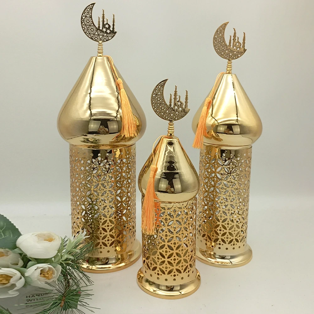 Eid Guld Ihålig Led Vindlampa Atmosfär Dekorativa Ljus Ramadan Lykta Dekoration Järn Led Eid Mubarak Lampa 1