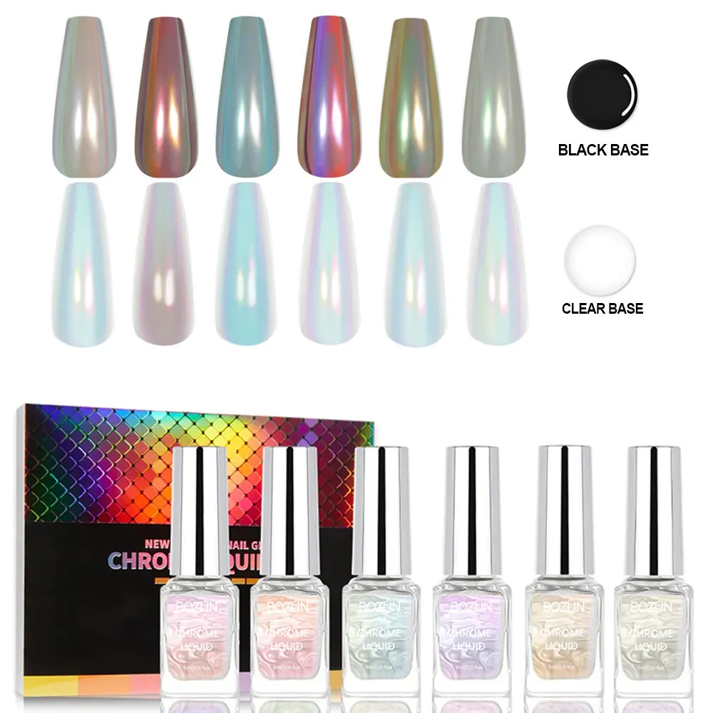 BOZLIN Pearl Series 5ml 6-Color Metallic Mirror Liquid Chrome Nail Polish Set 1