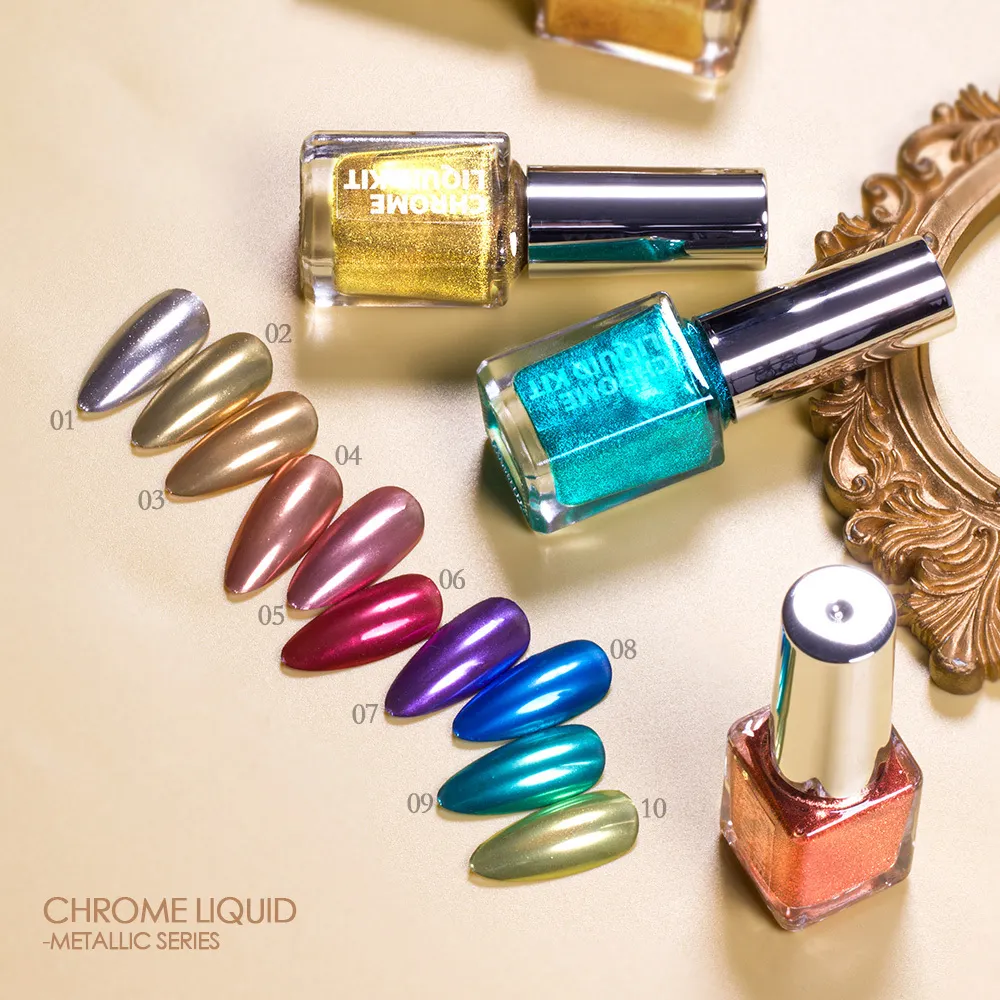 Bozlin 10 Colors 5ml Quick Dry High Pigment Metallic Chrome Liquid Nail Polish 1