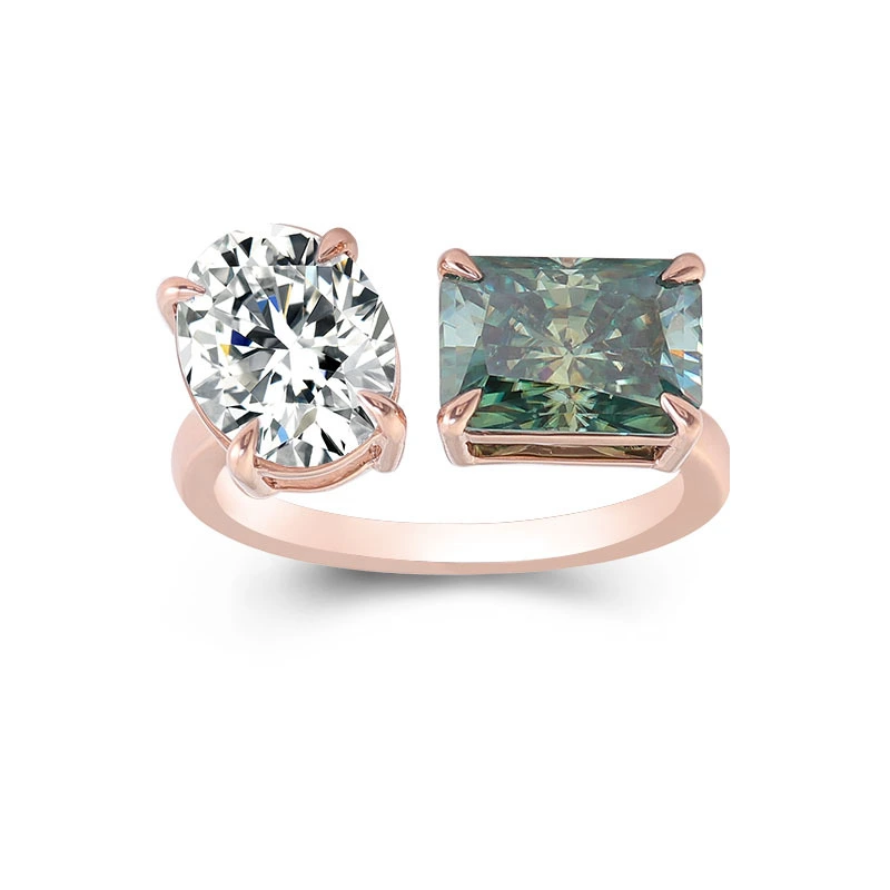 Provence Gem 2 piedras Anillo de oro rosa 3ct Mezcla ovalada color ovalada azul Radiant Radiant Moissanite Diamond Anillo de compromiso para regalos 1