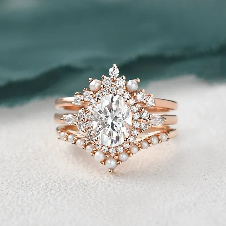 3pcs Moisanite Bridal Set Vintage Rose Gol 1