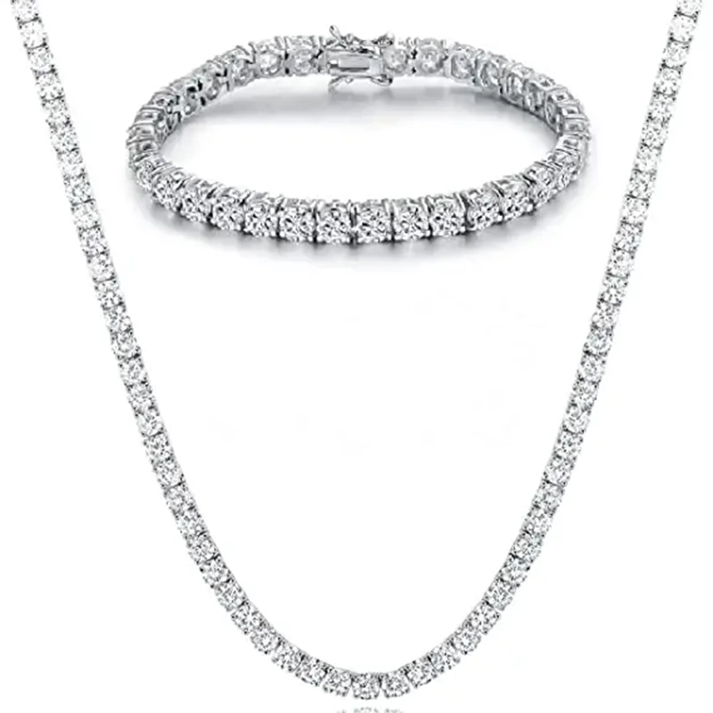 Tennis Jewelry Set 2mm3mm4mm5mm Silver Gold Plated Moissanite Bracelet Tennis Chain Necklace 1