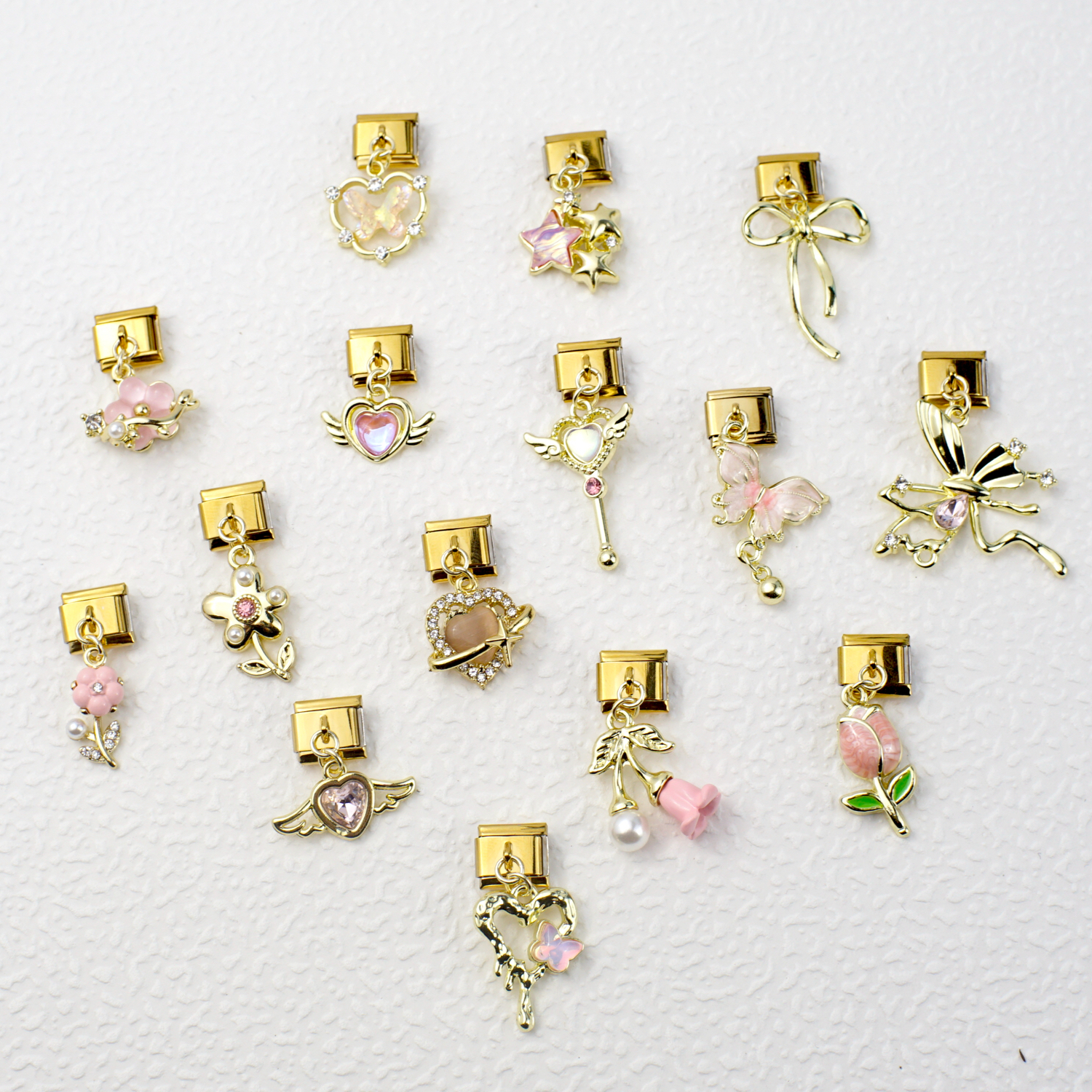 2025 Diy Personalized 304 Stainless Steel Gold Plated Italian Charm Tulip Love Bow Series Charm Bracelet 9mm * 10mm Module 1