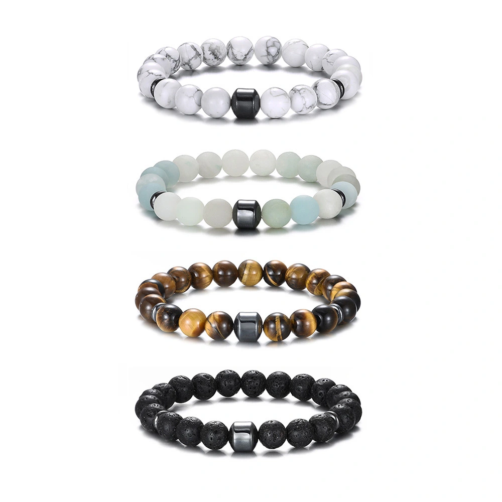 Custom 8mm Magnet Charm Beads Stretch Natural Stone Bracelet Lava Bead Tiger Eye Bracelet Black Natural Stone 1