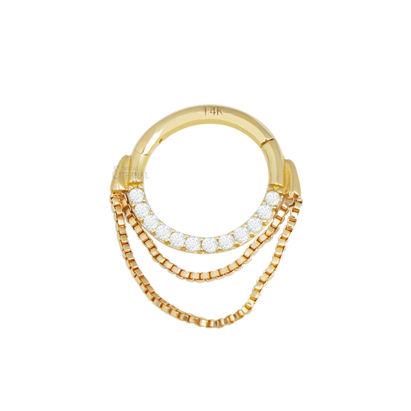 Eternal Metal 14k Solid Gold Front Side Cz Paved Layered Box Chain Hinged Segment Clicker Piercing Jewelry Ring 1