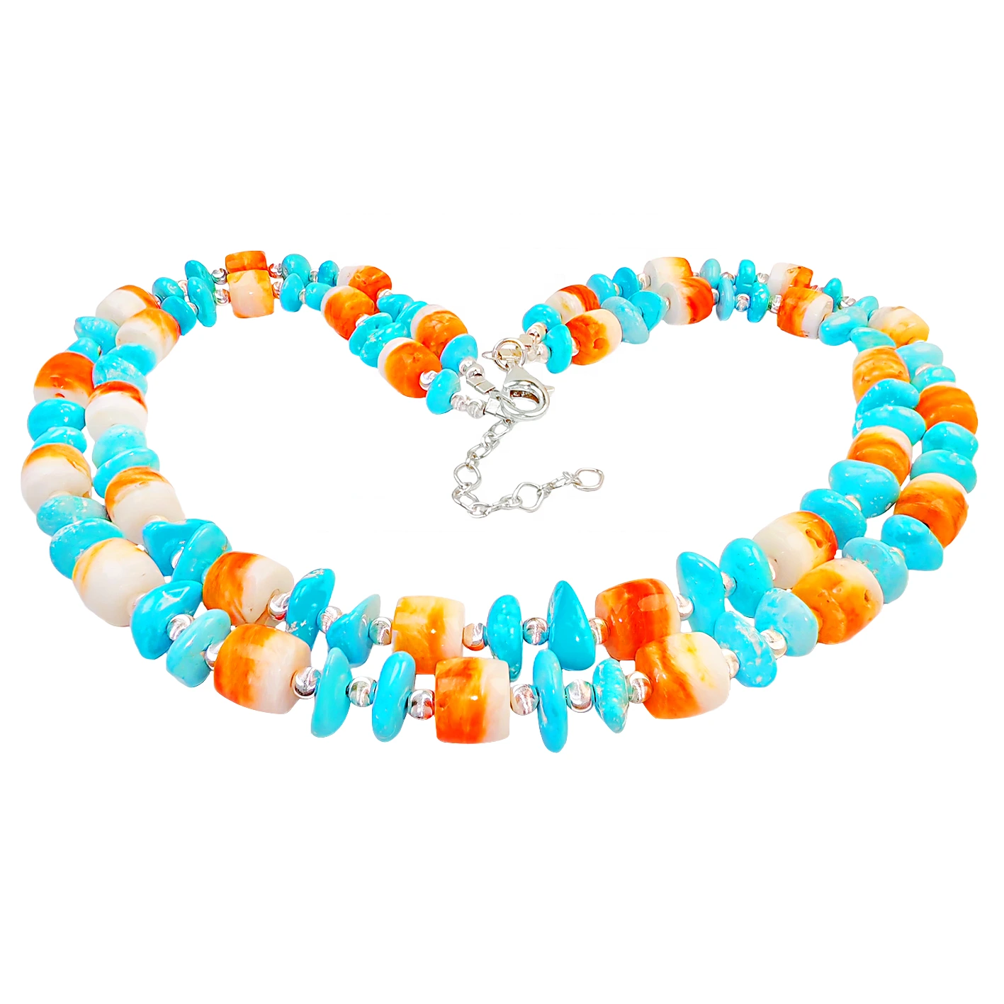 Pinagsasama ng Double Layer Design ang Natural Sterling Treatment Turquoise Sa S925 Silver Beads Na May Orange Spiny Oyster Dotted 1