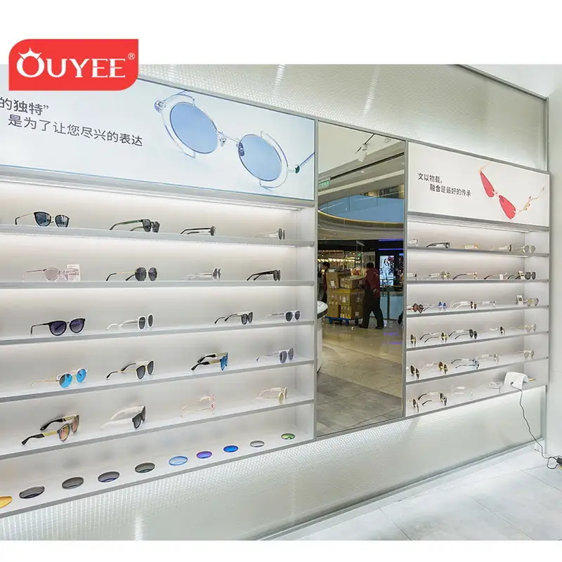 رفوف خشبية للنظارات الشمسية، متجر نظارات، خزائن عرض بصرية بإضاءة LED 1