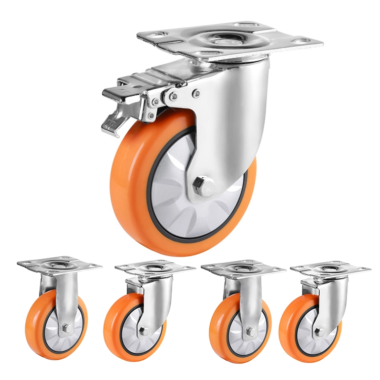 4 5 6 Inch Industrial Medium Duty Trolley Swivel Locking Casters Top Plate Orange Pu Fixed Cart Caster Wheel 1