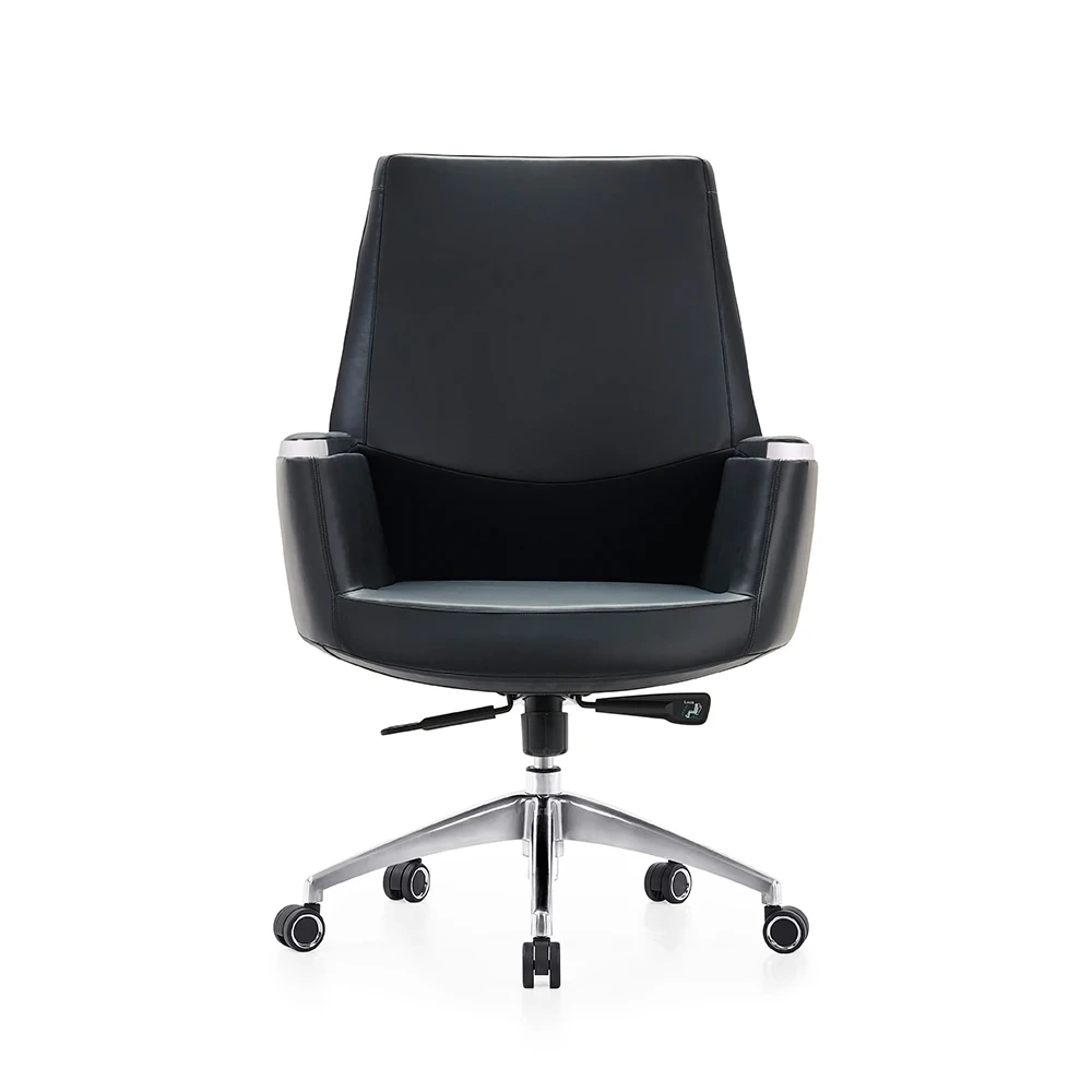 Silla de oficina Boss de lujo con respaldo medio, de cuero genuino, para clientes, con reposabrazos y giratoria para computadora. 1