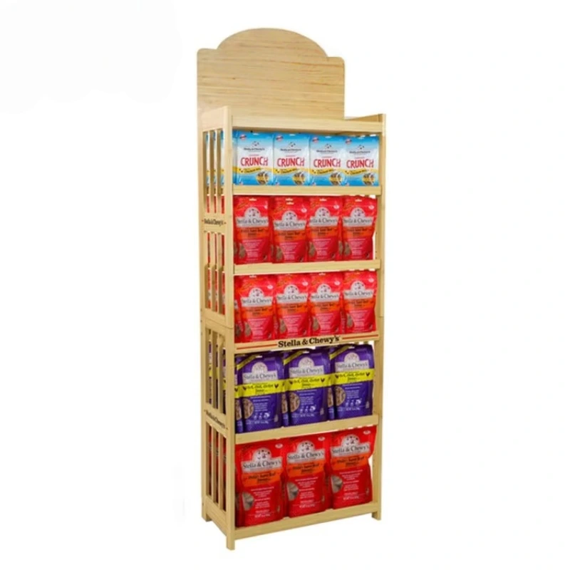 Fashion design wood floor standing dog food and pet toy display stand 1