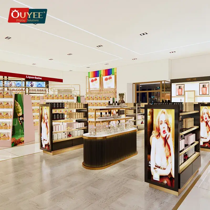 Expositor, suporte e prateleiras para perfumes no balcão de loja de cosméticos 1