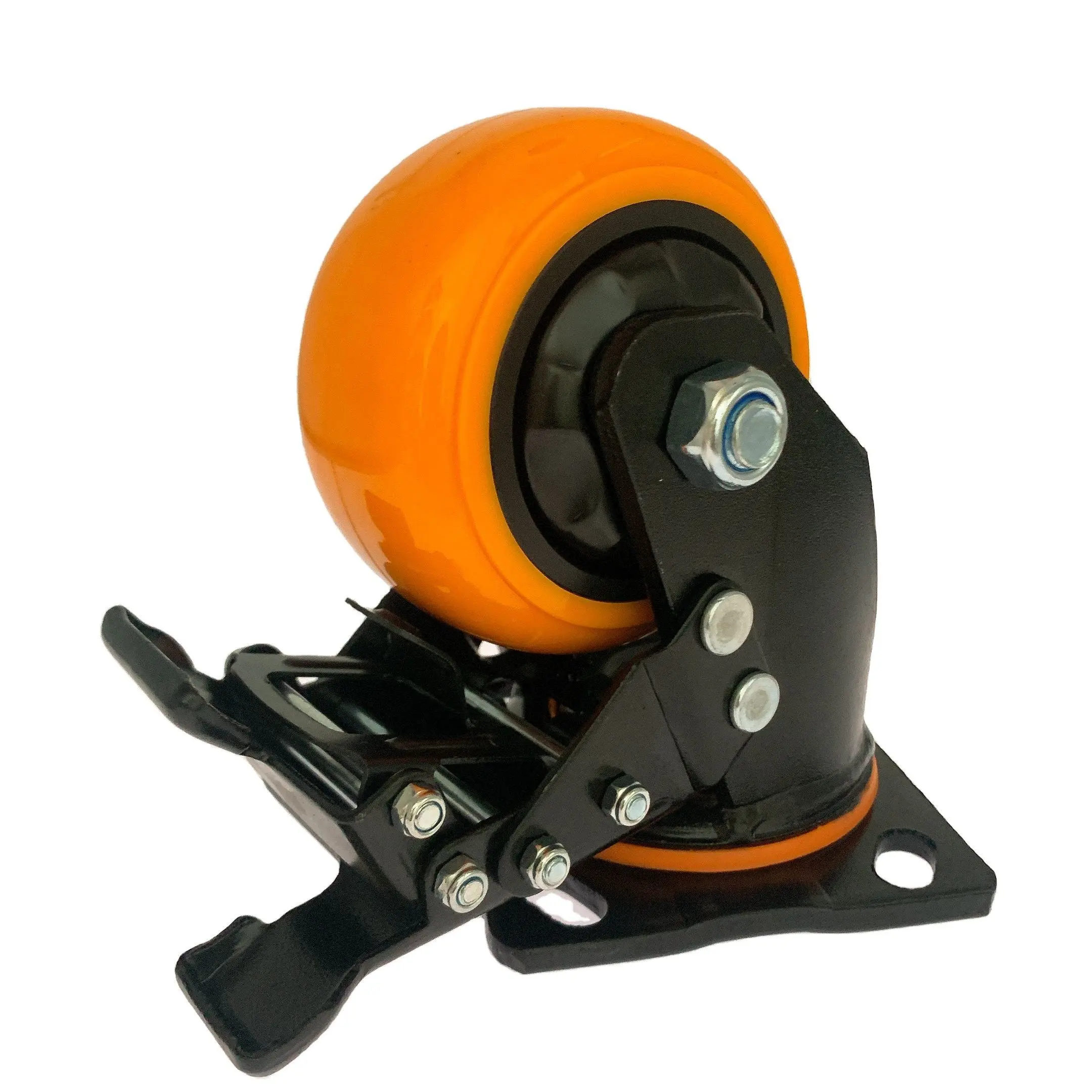 5mm Plate Thickness Black Bracket 4 Inch Korea Style Heavy Duty Orange Pu Casters With Black Dust Cover And Double Brake 1