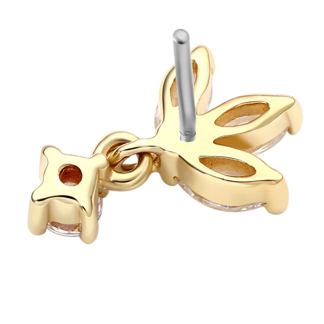 Eternal Metal 14k Solid Yellow Gold 5a Paved 3-marquise Fan Dangle Navel<000000>ear Cartilage Threadless Push In Ends Tops 6