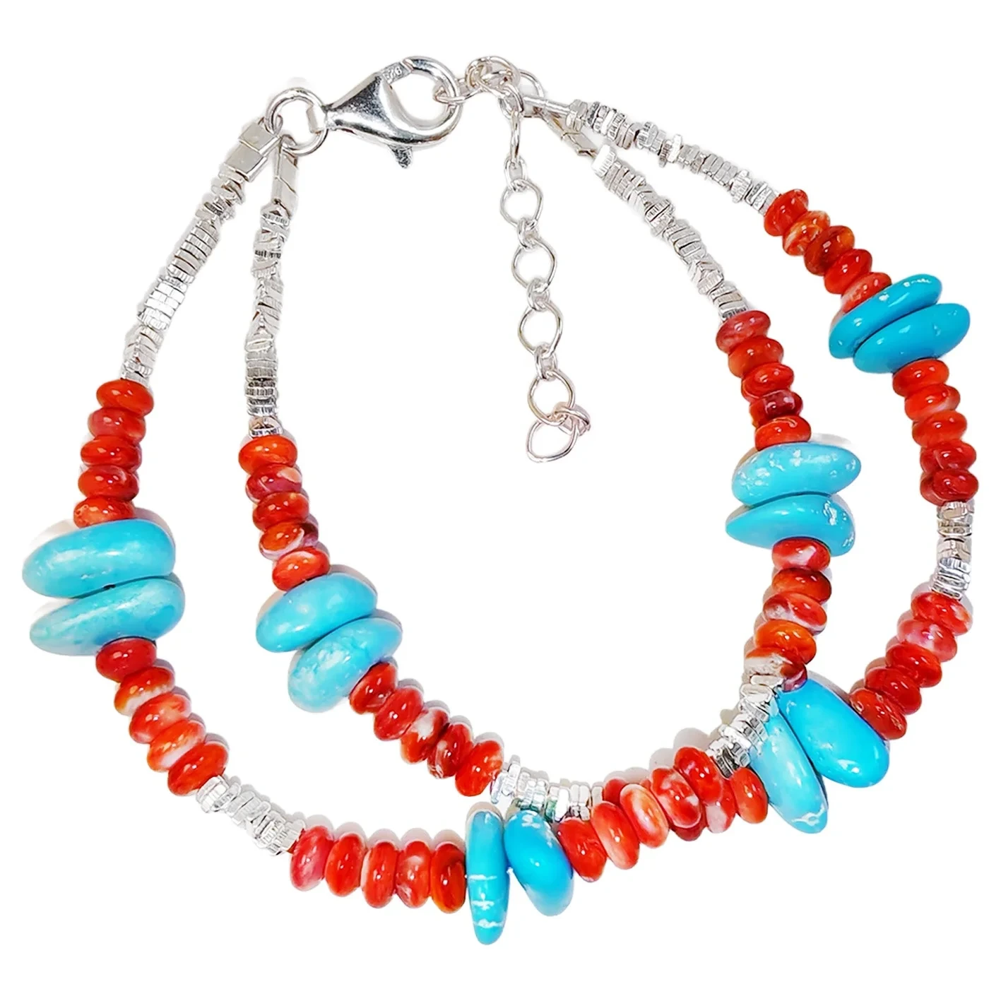 Beautiful Natural Winter Turquoise Women's Bracelet Natural Rare Red Spiny Oyster & Turquoise Beautiful Silver 1
