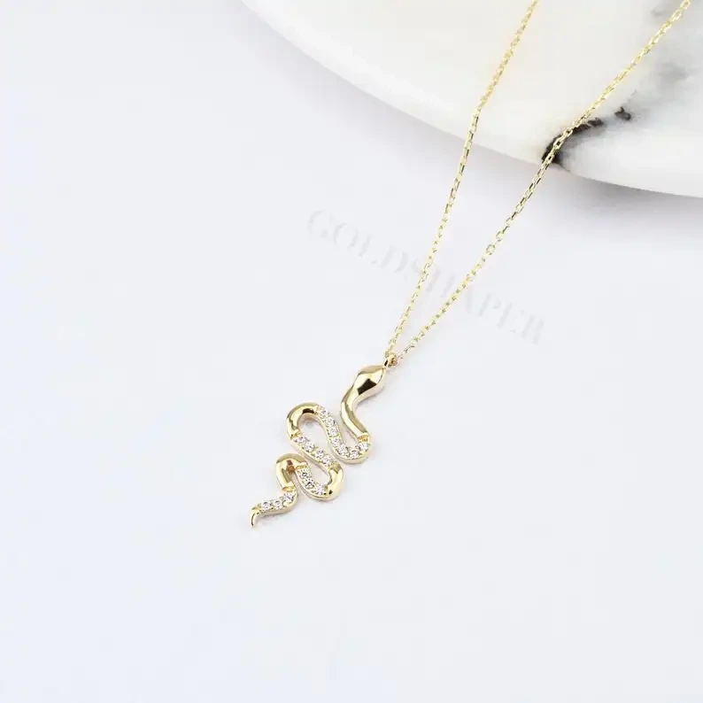 Snake Pendant Necklace Snake Necklace Pendant 10k Solid Gold Serpent Necklace Animal Jewelry 1