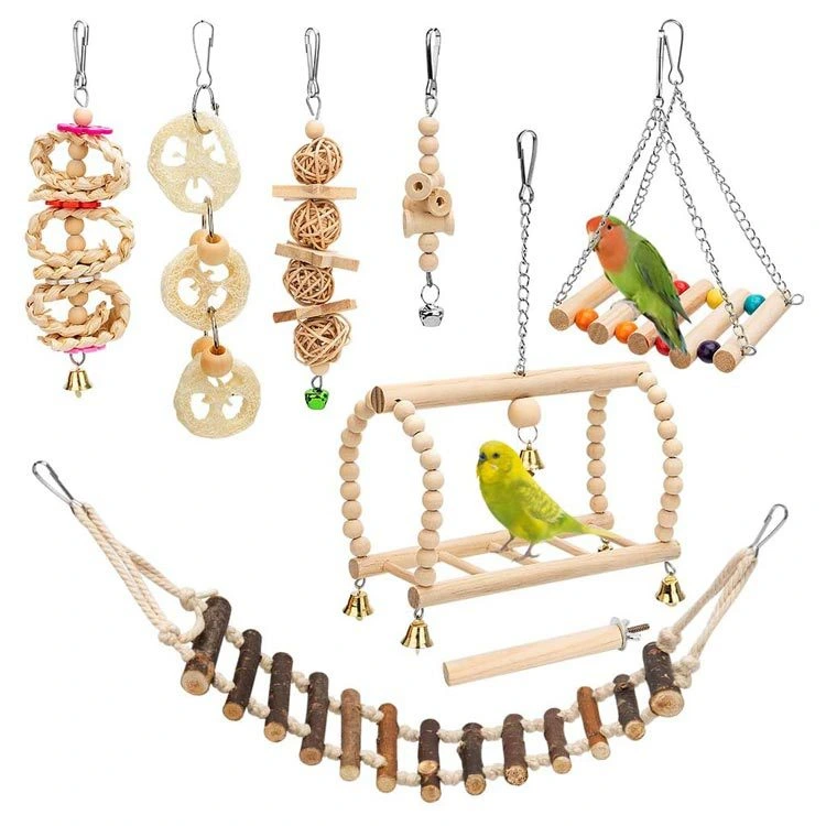 Wholesale 8 Pcs Parrot Bird Toys Set With Wooden Chew Toys, Swing, Bell, String For Bird Playing-Xinchen 1