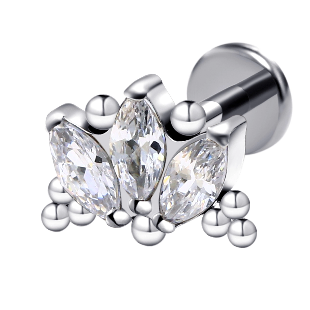 Eternal Metal G23 Titanium Internally Threaded Labret Having 3 Marquise Czs And Balls Earrings Piercing Jewelry 1