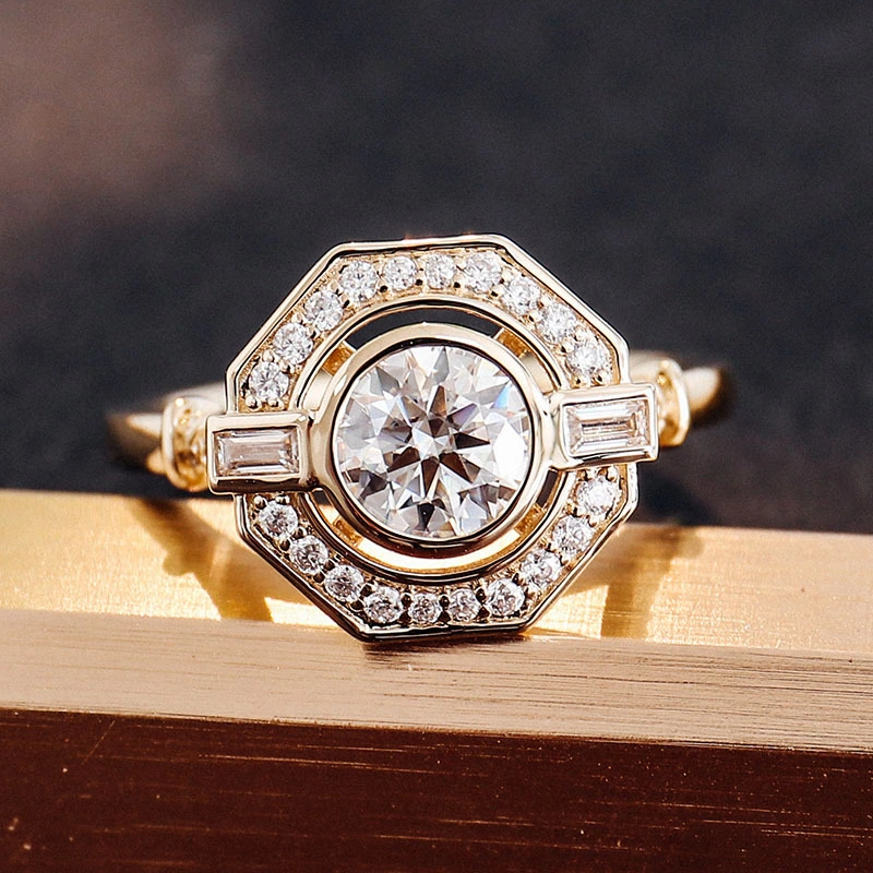 Anillo de moissanita de corte redondo ANILLAS DE JEJISTA DE MODIA DE MODA DE MODA DE ASCRIPCIÓN DE 14K ANILLO DE DIAMANDO MOISSANITE DE ORO AMARIL 1