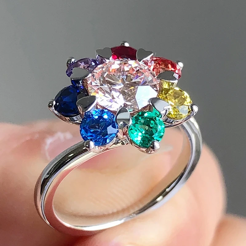 1.25ct Pink Lab Diamond Engagement Ring With 3.5mm Multi Color Lab Gemstone 10k14k 18k Women Marry Ring 1