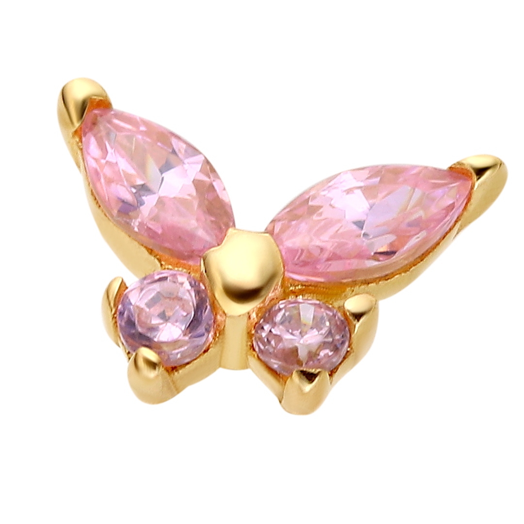 Eternal Metal 14k Solid Yellow <000000>rose Gold 5a Cz Paved Butterfly Nose<000000>ear Piercing Labret Jewelry Threadless Push In Ends Tops 6