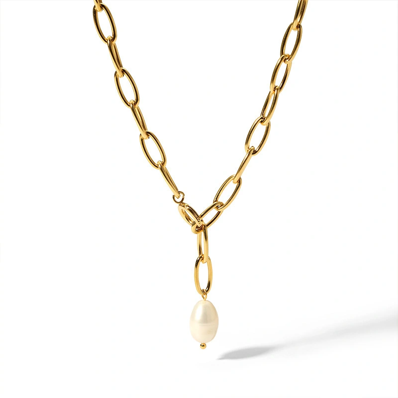 Stainless Steel Wholesale Link Chain Women Choker Sweater Freshwater Baroque Pearl Necklaces Jewelry 1