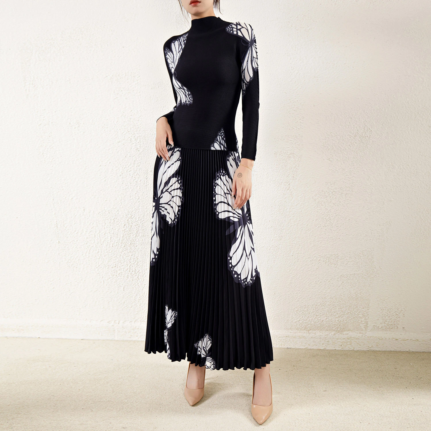 Faltenkleidung: Hohe Qualität ohne MOQ Painting Drucken Frauen kostenlose Größe Elastischer Stretch Plus -Size -Oberseite und Faltenrock zweiteilige Set 1