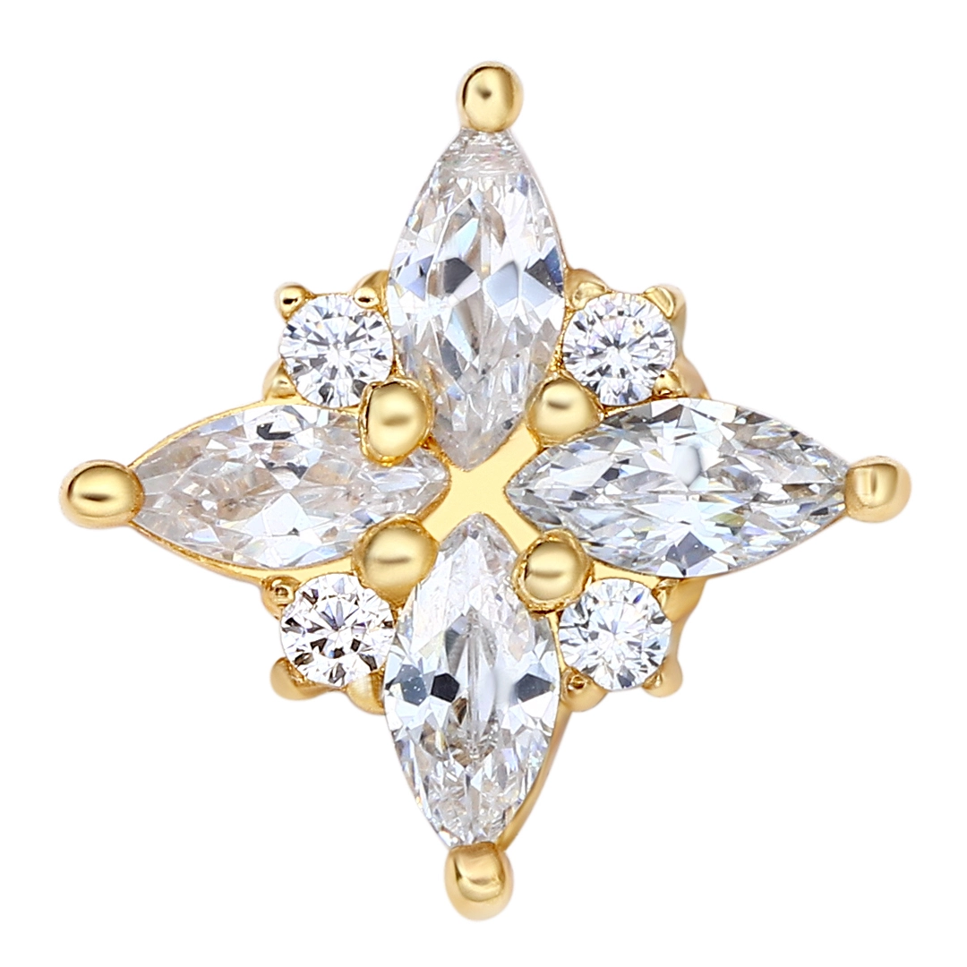 Eternal Metal 14k Solid Yellow Gold Marquise Cut Cz Paved Flora Nose&lip Earring Piercing Jewelry Threadless Push In Ends Tops 1