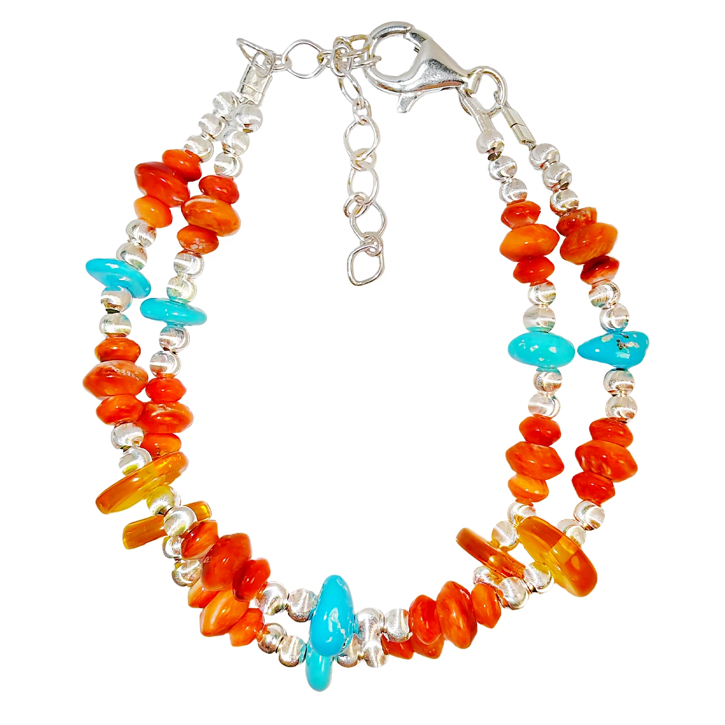 Natural Orange Spiny Oyster Amber And Turquoise Meet On The S925 Silver Double Layer Bracelet Weaving A Unique 1