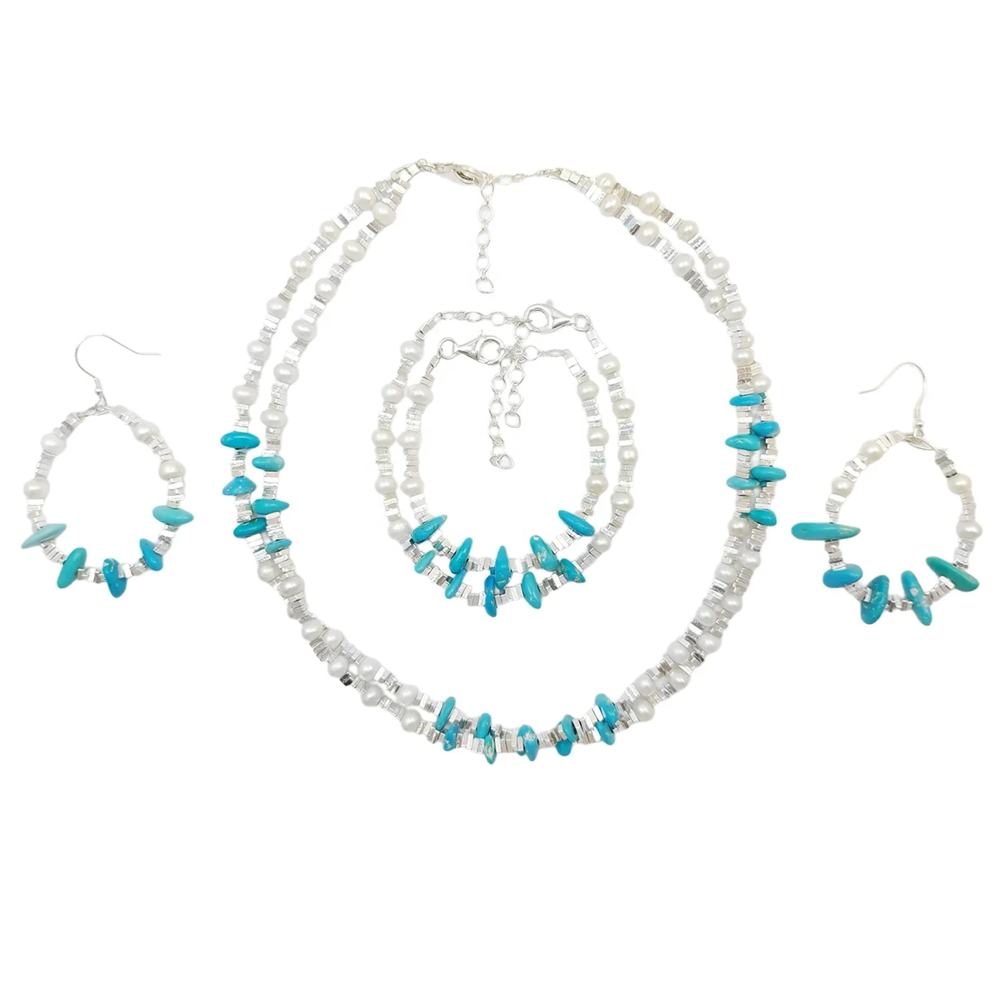 Precious Pearls With Natural Turquoise Conformal Set S925 Silver Bracelet Silver Beads As A Gift 1