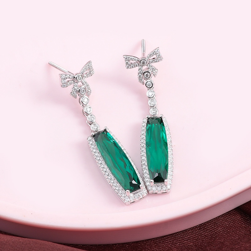 Provence Gemstones 10k 14k 18k White Solid Gold Green Lab Grown Emerald Shape Bezel Setting Earring Drop For Women 1