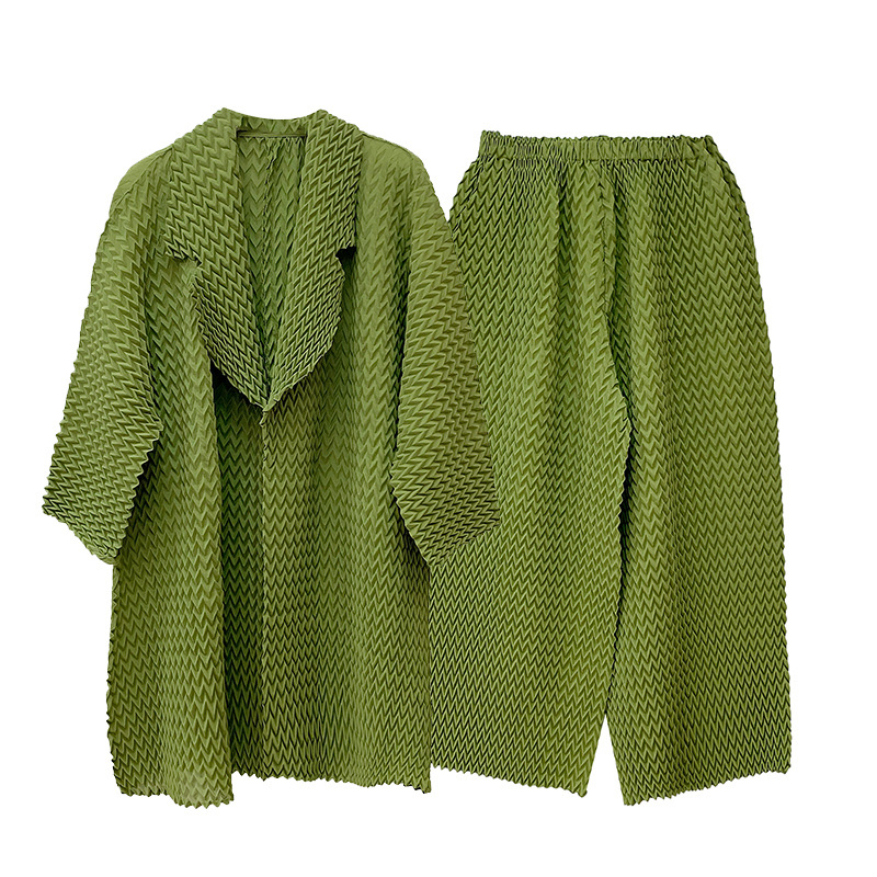 Ensemble deux pièces Miyake Pineapple Pleats pour femme : ensemble à manches longues, haut business <000000>, pantalon ample avec ceinture | OEM/ODM disponible 10