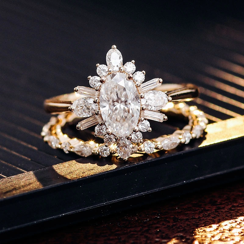 14k Yellow Gold 1.5 Carat Ef Color Oval Moissanite Diamond Engagement Ring Band Ring Set 1