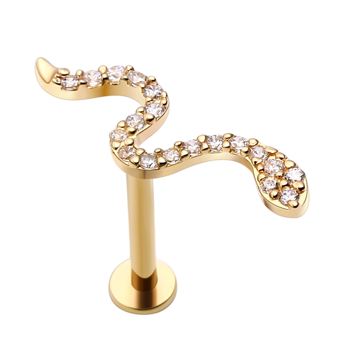 Eternal Metal 14k Solid Gold Threadless Yellow Gold Push Pin Snake Top Labret Ring Body Piercing Jewelry 1