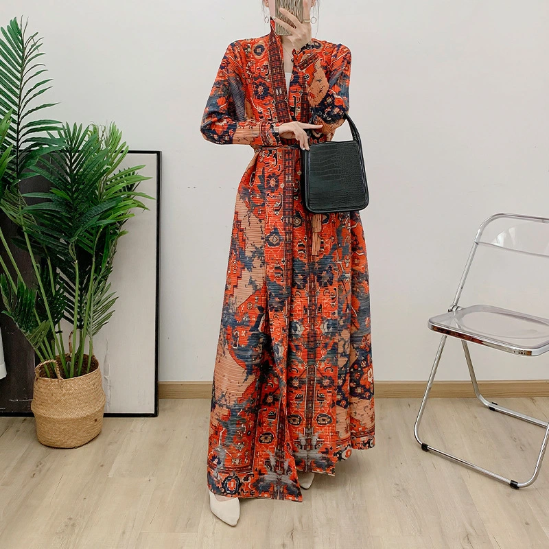 Direct From The Factory New Women's Pleated Abaya High Quality Loose Casual Muslim Elegant Abaya Lapel Printed Coat 1