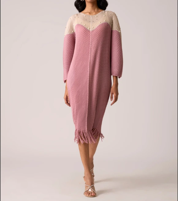 Miyake Vestidos Casuals Sommer Frauen Spleißen Farb Perlen Perlen Quasten Saum plissierte Kirchenkleider für Frauen lose freie Größe klassisch 1
