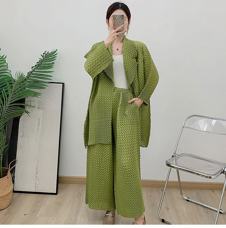Ensemble deux pièces Miyake Pineapple Pleats pour femme : ensemble à manches longues, haut business &lt;000000&gt;, pantalon ample avec ceinture | OEM/ODM disponible 1