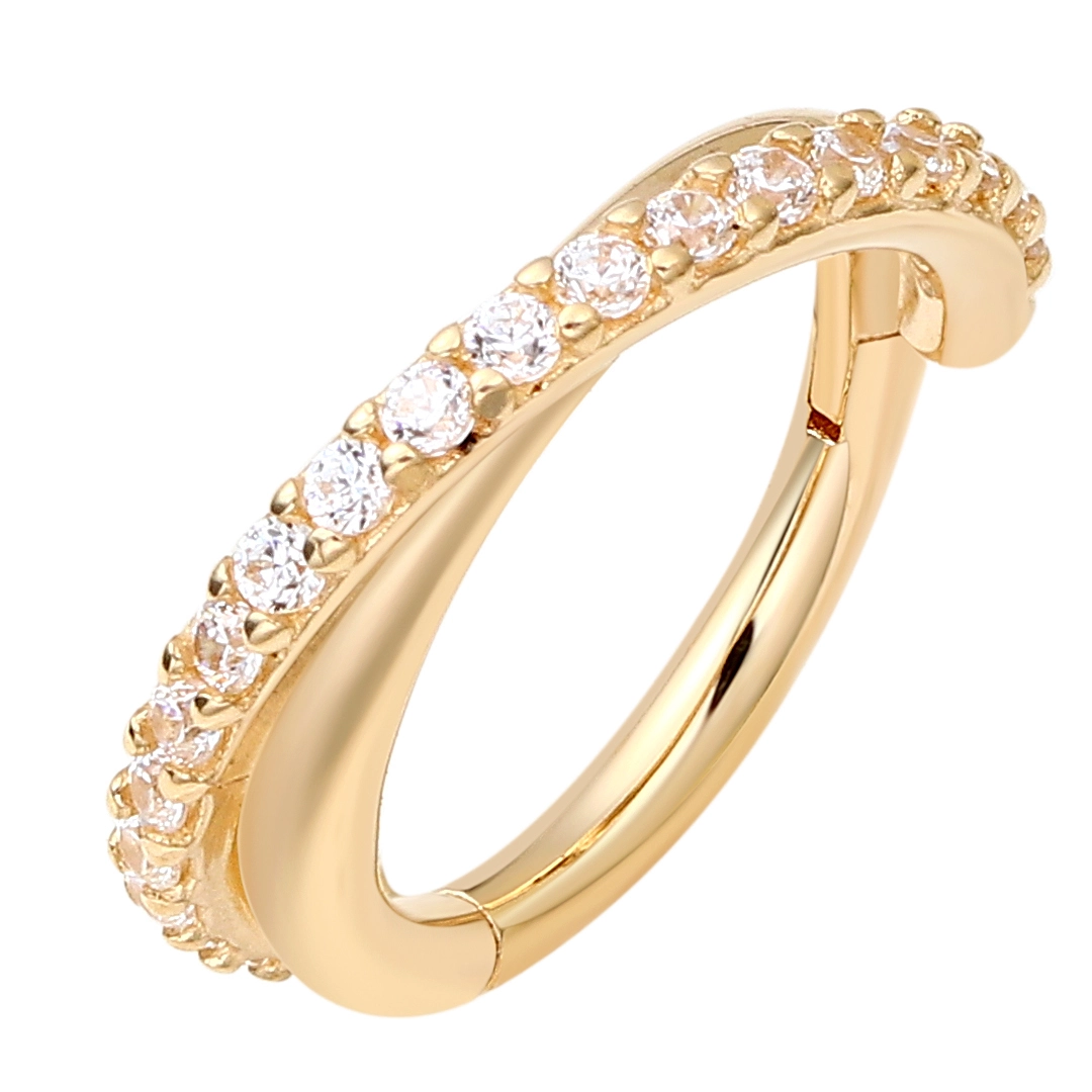 Eternal Metal Real 14k Solid Gold Side Paved 5a Cz Cross Twined Hinged Segment Hoop Ring Nose  Earring Piercing Jewelry 1