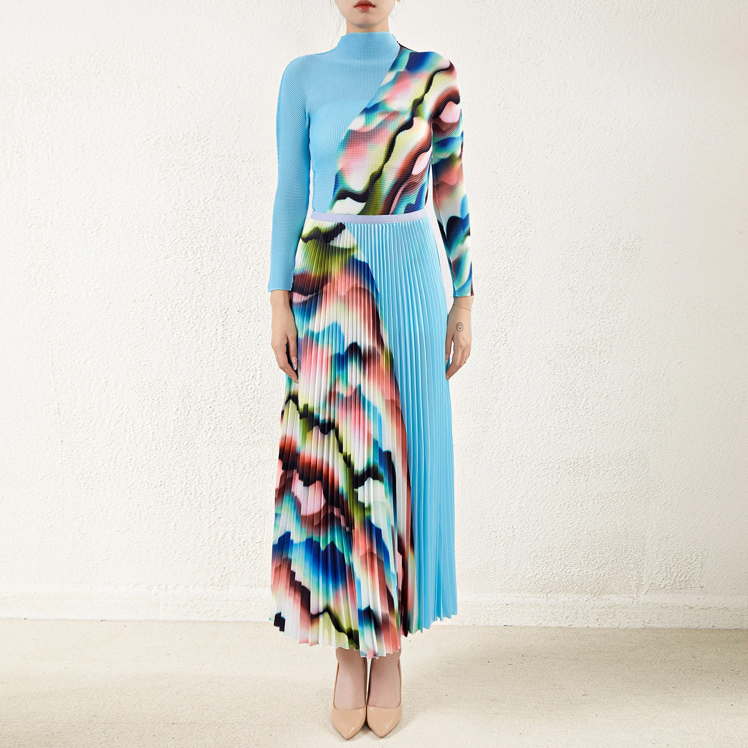 Pleats Clothing：Miyake Pleated Skirt Two-piece Set Long Sleeve Women's Casual Print Elegant Women's Two-piece Set Wholesale Pleated Suits 1