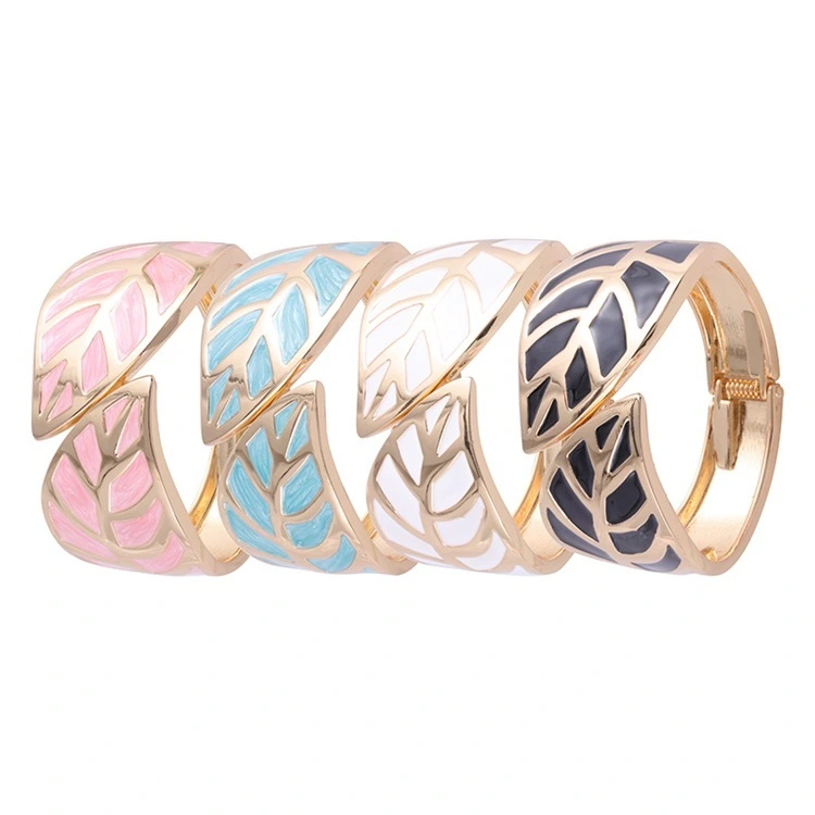 Wholesale Vintage Fashion Oil Dropping Leaf Shape Wide Edge Gold Painted Bracelet Jewelry For Women 1