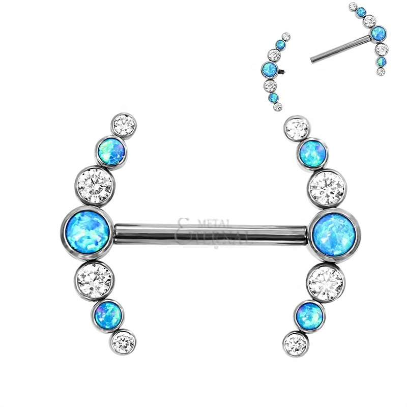 Eternal Metal Astm F136 Titanium Bezel Set Cz And Opal Curve Ends Internally Threaded Nipple Barbells Body Jewelry 1