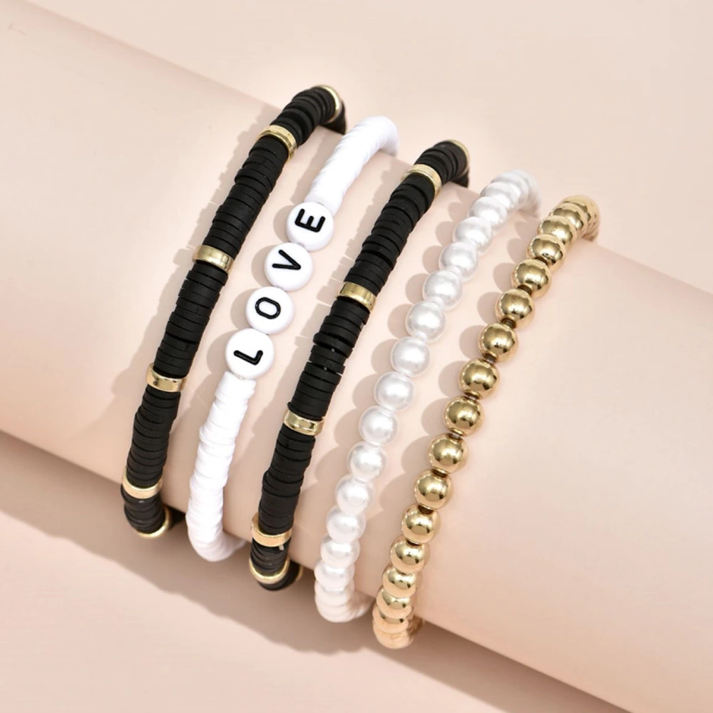 Vintage Exquisite New Bohemian Stackable Bracelet Fashion Pearl Rainbow Clay Bracelet Love 5-piece Set Preppy Women's Bracelet 1