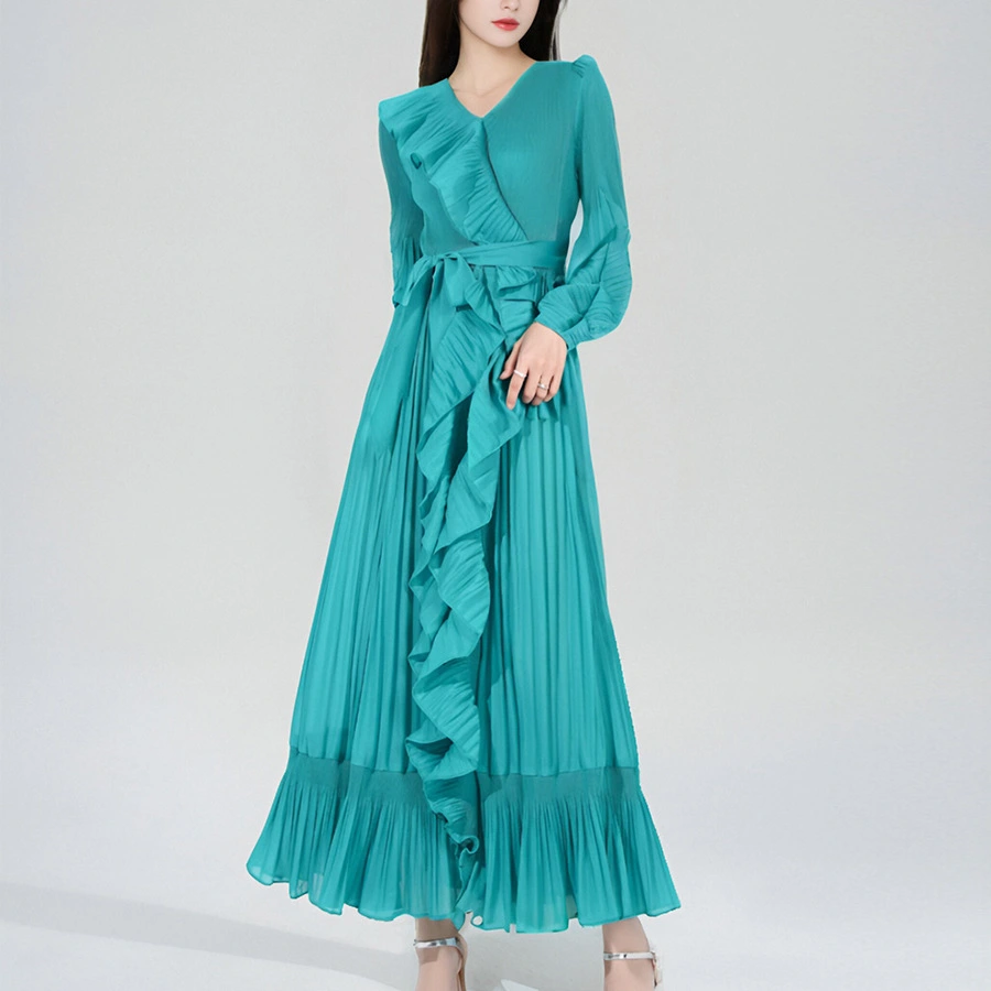 Pleats Clothing:2024 Latest Design High Quality Pleated Ruffled Maxi Dress For Ladies Irregular Layered Ruffle Woven Casual Party Dress  Manufacturer 1