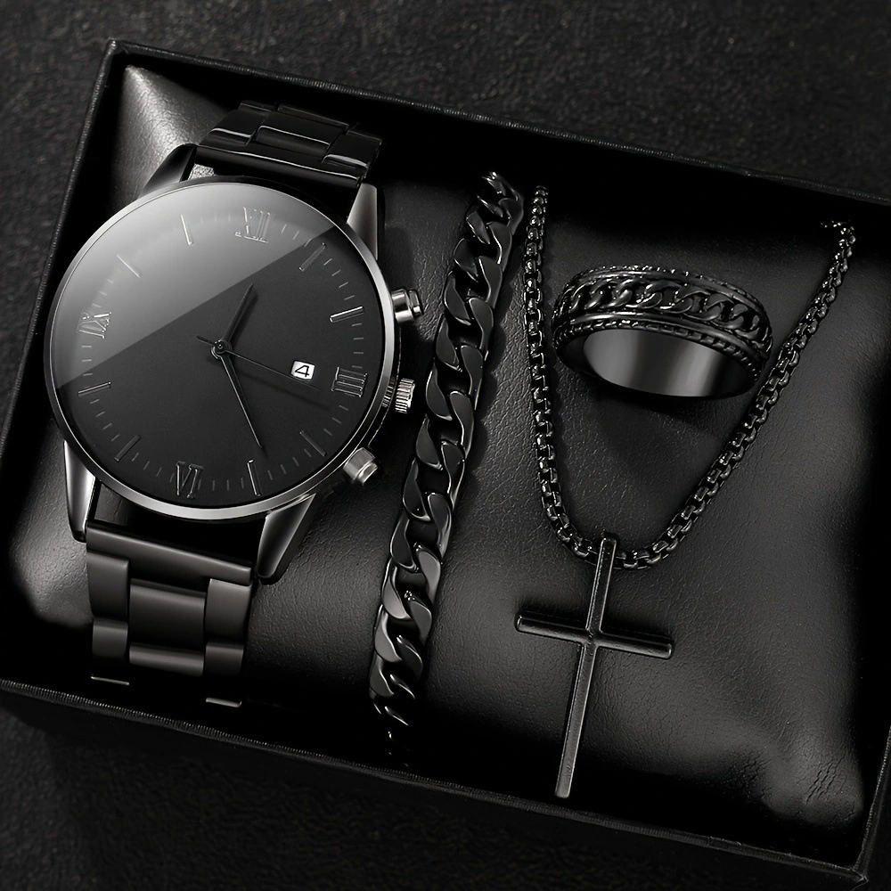 Men's Trendy Roman Digital Fashion Watch 4-piece/set Men's Black Minimalist Quartz Watch Set 1