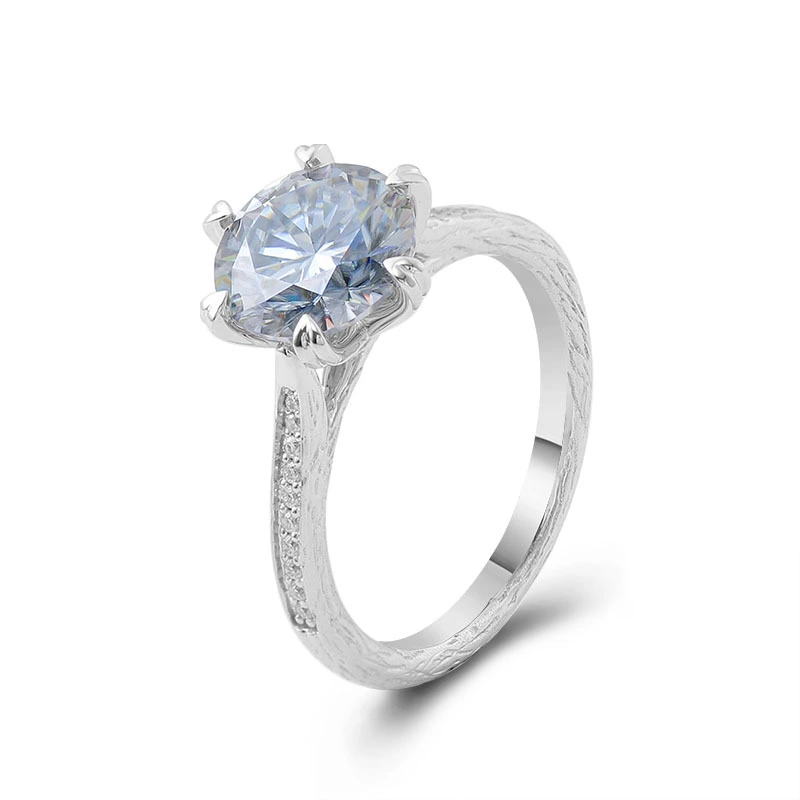 Bague de fiançailles en forme de grain d&39;arbre tendance avec coupe ronde brillante en Moissanite de 9 mm de couleur gris moyen 1
