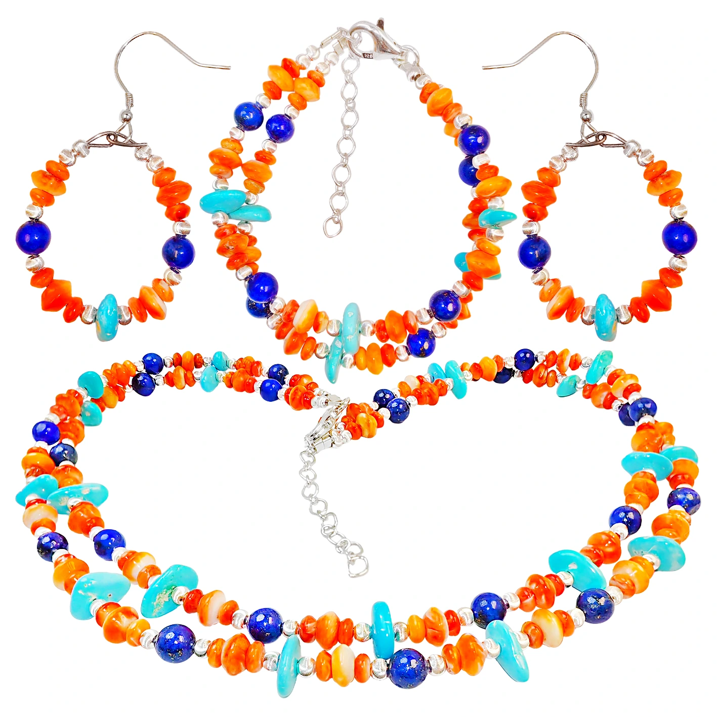 Set Turquoise Lapis Lazuli Orange Oyster Spiny And S925 Silver Xwedî Sêwiranek Du Qat a Hevaheng Ew Bi Berfireh e 1
