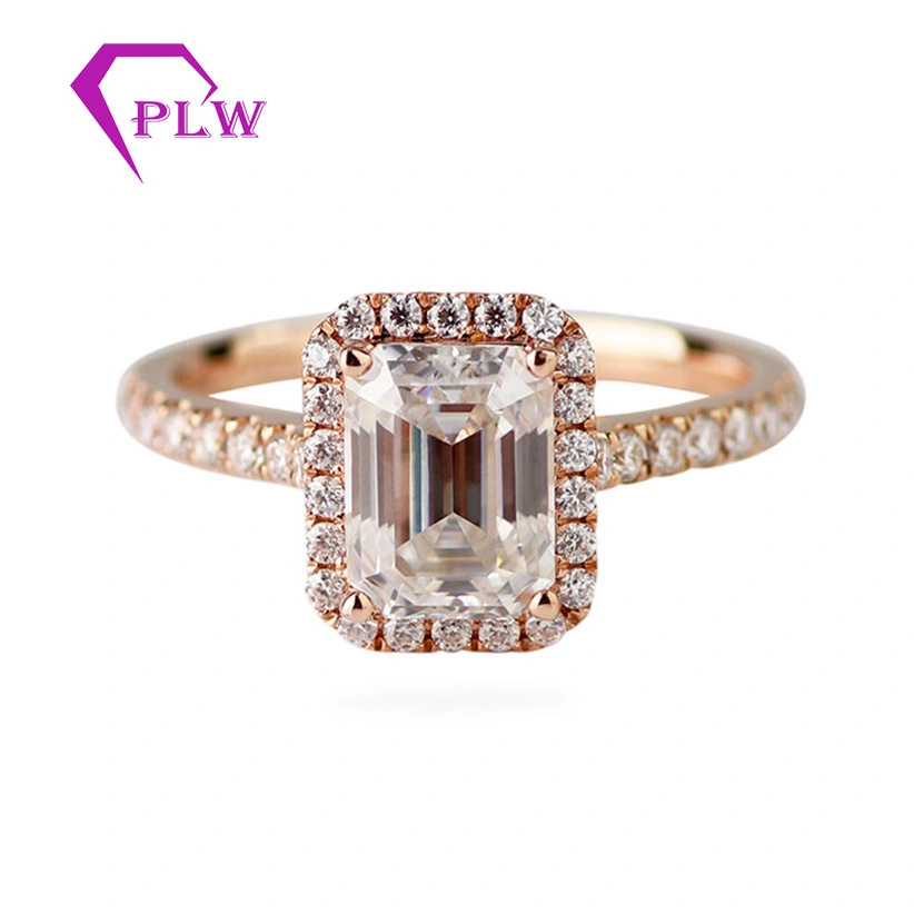 Configuración de halo de oro rosa de 14k 6x8mm Corto de esmeralda de cita Anillo de compromiso de moissanite 1